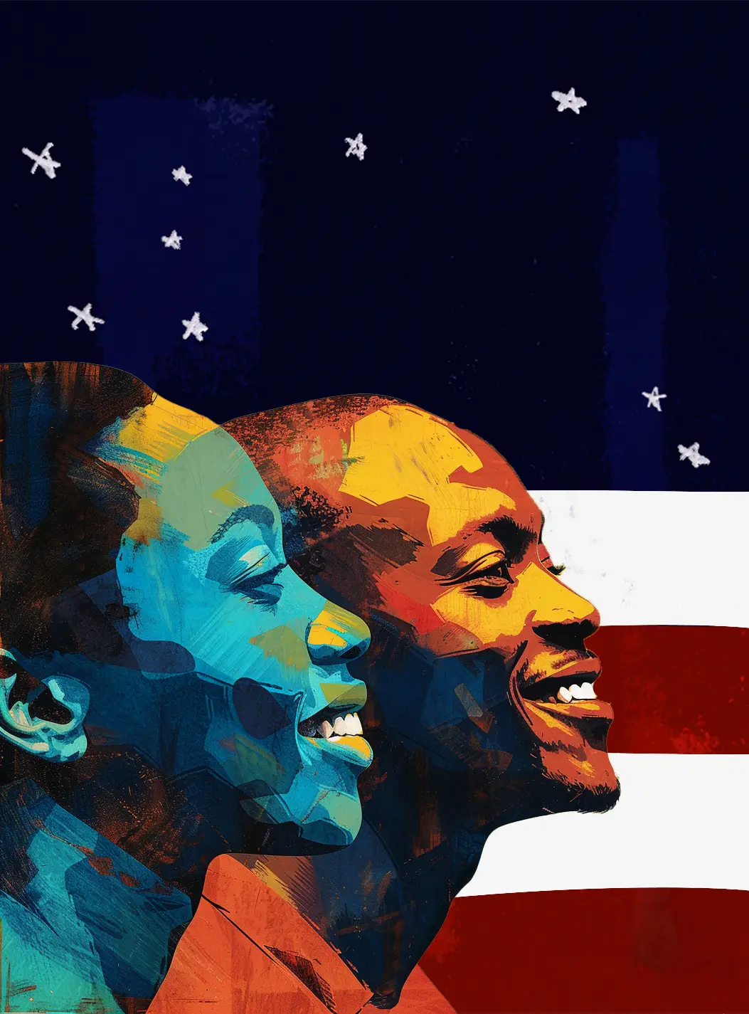 Two painted faces in front of a flag symbolizing hope, as Declaration '26 champions the Right to Innovation, fostering secure conditions for Black businesses in contrast to the threats posed by Project 2025.